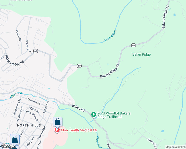 map of restaurants, bars, coffee shops, grocery stores, and more near 874 Bakers Ridge Road in Morgantown