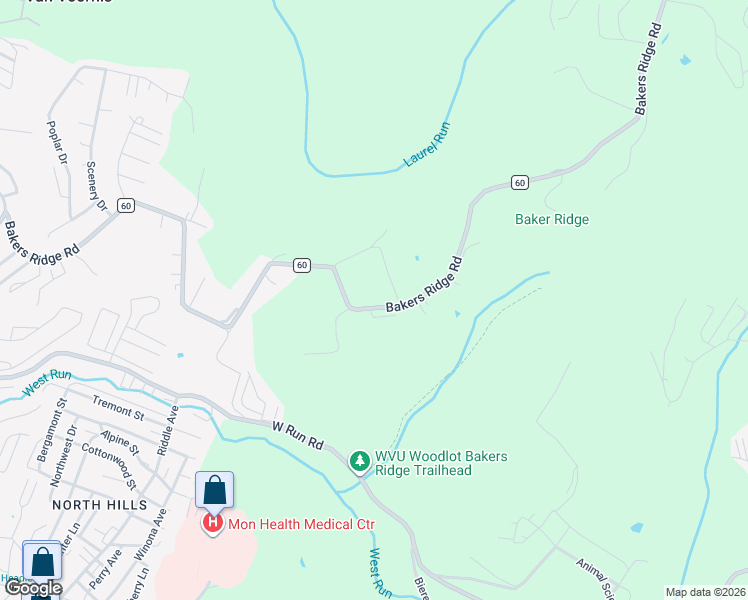 map of restaurants, bars, coffee shops, grocery stores, and more near Ervin St in Morgantown