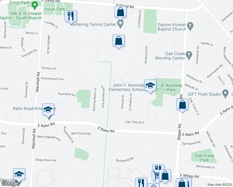 map of restaurants, bars, coffee shops, grocery stores, and more near 5035 Harwich Drive in Kettering