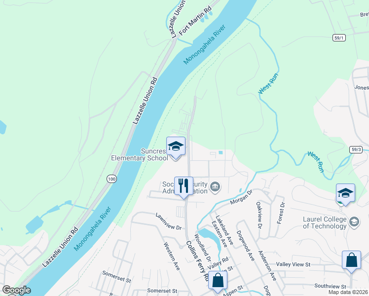 map of restaurants, bars, coffee shops, grocery stores, and more near 104 Rystan Place in Morgantown