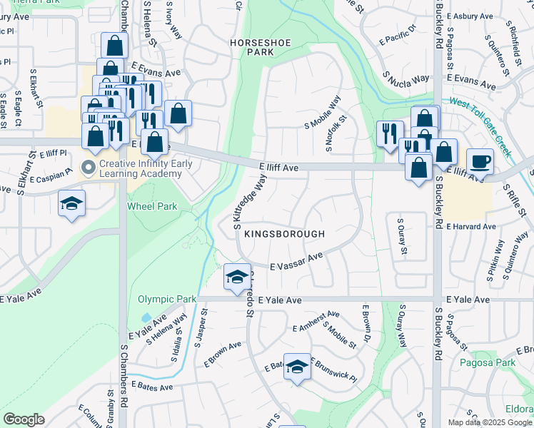 map of restaurants, bars, coffee shops, grocery stores, and more near 2452 South Kittredge Way in Aurora
