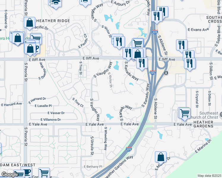 map of restaurants, bars, coffee shops, grocery stores, and more near 2457 South Victor Street in Aurora