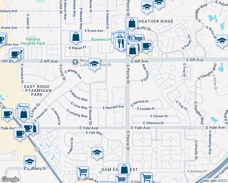 map of restaurants, bars, coffee shops, grocery stores, and more near 12017 East Harvard Avenue in Aurora