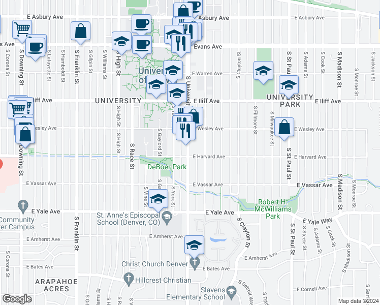 map of restaurants, bars, coffee shops, grocery stores, and more near 2455 South University Boulevard in Denver