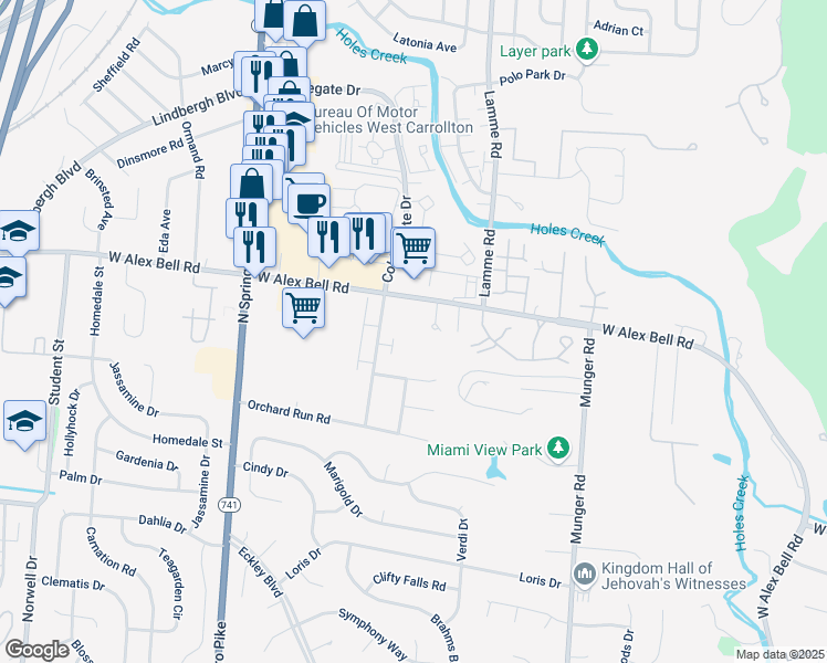 map of restaurants, bars, coffee shops, grocery stores, and more near 5522 Cobblegate Drive in Dayton