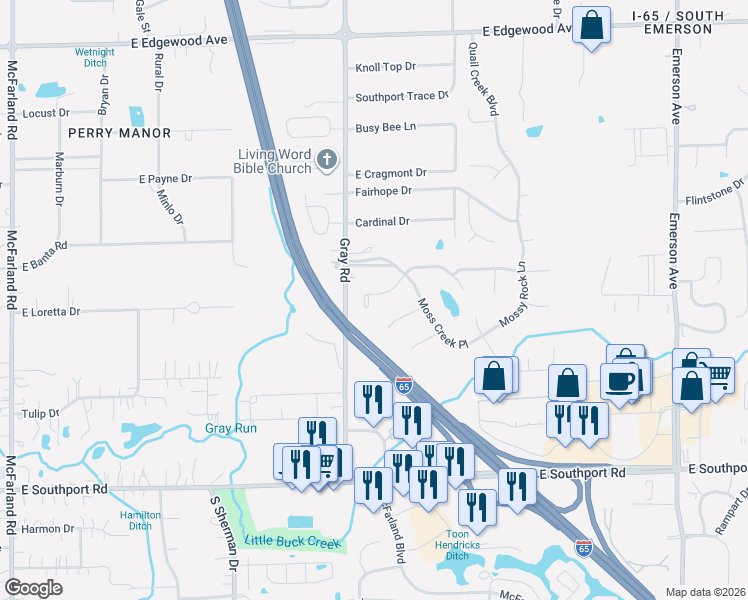 map of restaurants, bars, coffee shops, grocery stores, and more near 4154 Moss Ridge Lane in Indianapolis