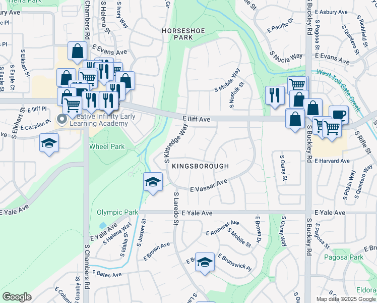 map of restaurants, bars, coffee shops, grocery stores, and more near 2452 South Kittredge Way in Aurora