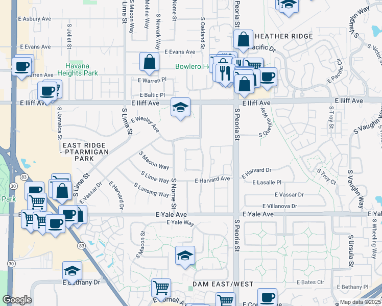 map of restaurants, bars, coffee shops, grocery stores, and more near 2425 South Oakland Circle in Aurora