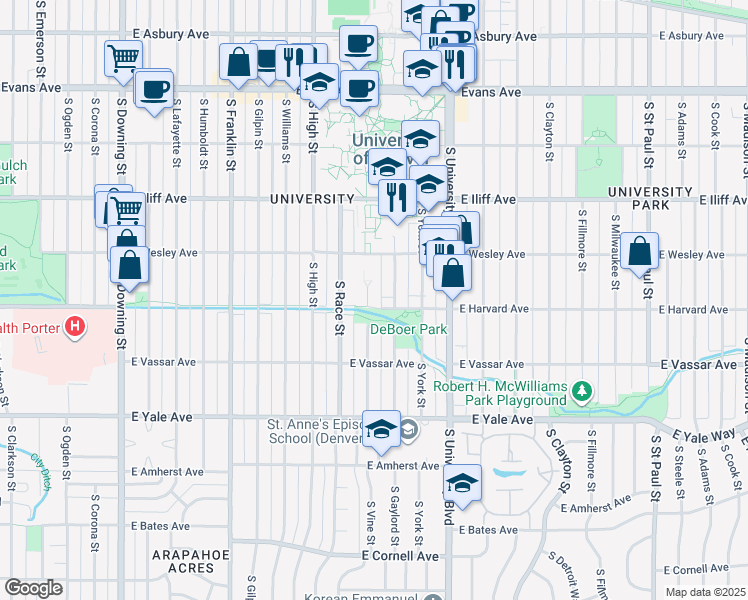map of restaurants, bars, coffee shops, grocery stores, and more near 2101 East Harvard Avenue in Denver