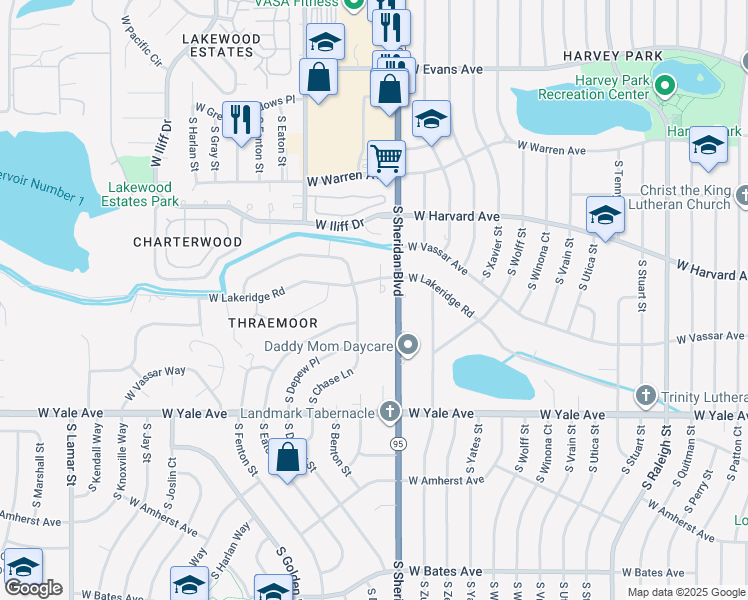 map of restaurants, bars, coffee shops, grocery stores, and more near 2518 South Ames Circle in Lakewood
