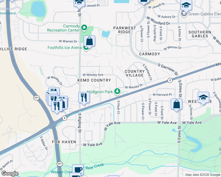 map of restaurants, bars, coffee shops, grocery stores, and more near 9645 Morrison Road in Lakewood