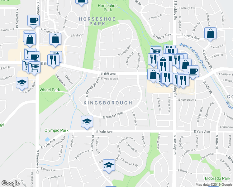 map of restaurants, bars, coffee shops, grocery stores, and more near 2483 South Memphis Way in Aurora