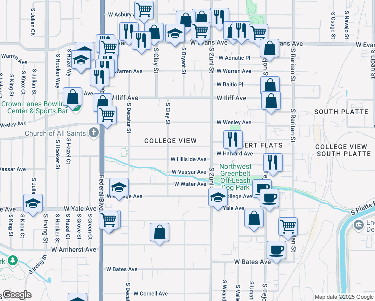 map of restaurants, bars, coffee shops, grocery stores, and more near 2587 West Harvard Avenue in Denver