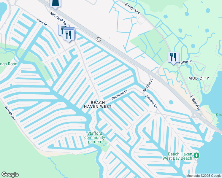 map of restaurants, bars, coffee shops, grocery stores, and more near 44 Gregg Drive in Stafford Township