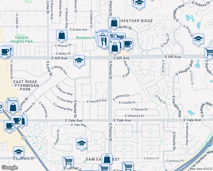 map of restaurants, bars, coffee shops, grocery stores, and more near 12017 East Harvard Avenue in Aurora