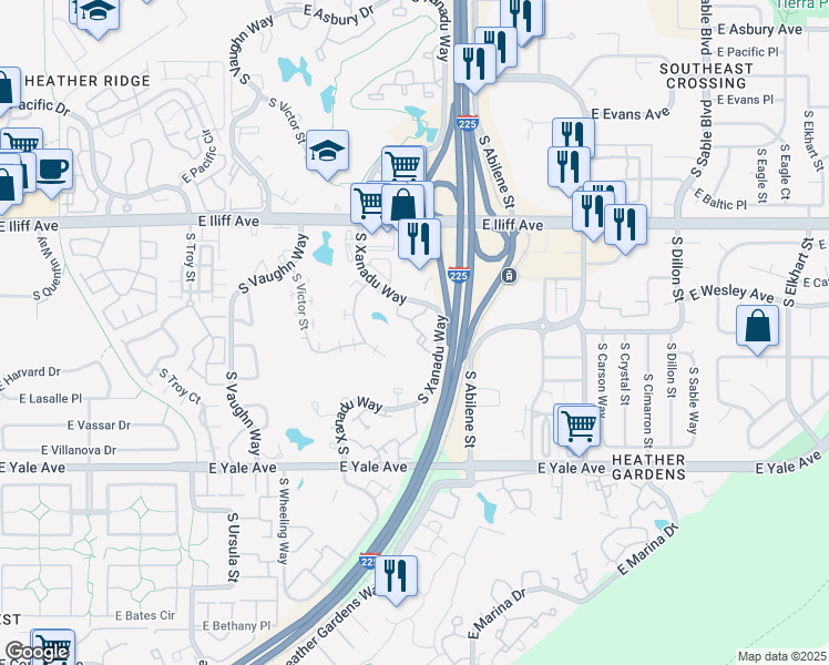 map of restaurants, bars, coffee shops, grocery stores, and more near 2453 South Xanadu Way in Aurora