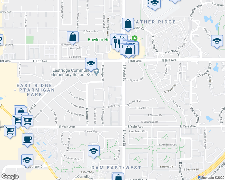 map of restaurants, bars, coffee shops, grocery stores, and more near 12017 East Harvard Avenue in Aurora