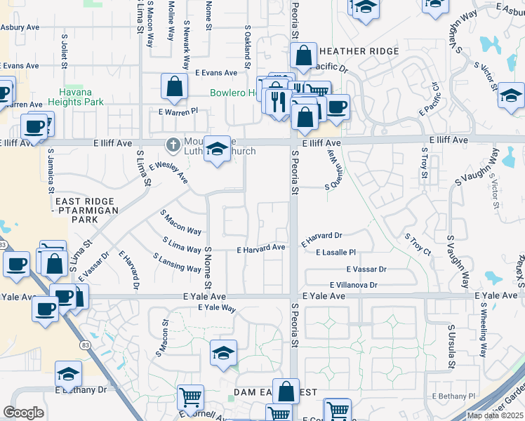 map of restaurants, bars, coffee shops, grocery stores, and more near 12017 East Harvard Avenue in Aurora