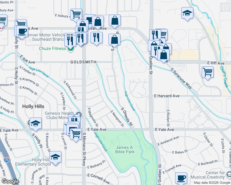 map of restaurants, bars, coffee shops, grocery stores, and more near 2463 South Oneida Street in Denver