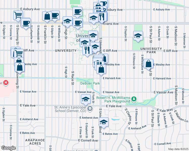 map of restaurants, bars, coffee shops, grocery stores, and more near 2455 South York Street in Denver