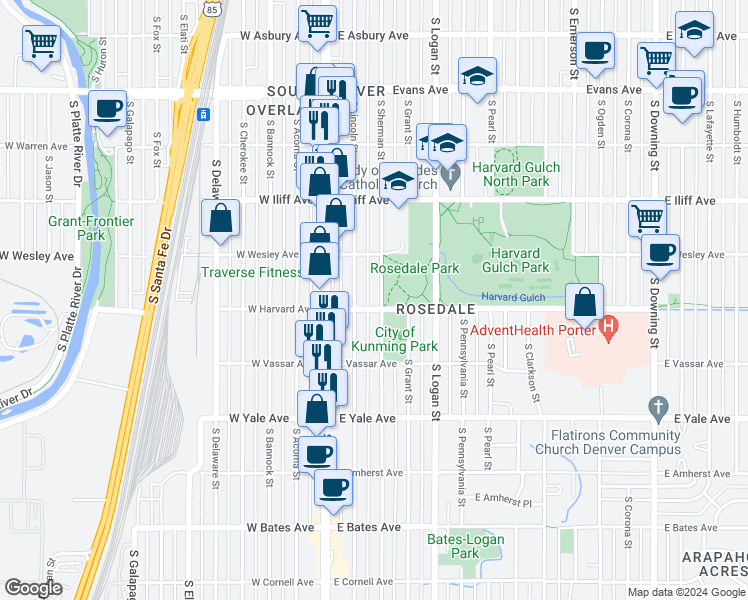 map of restaurants, bars, coffee shops, grocery stores, and more near 2481 South Sherman Street in Denver