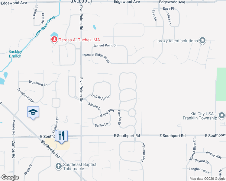 map of restaurants, bars, coffee shops, grocery stores, and more near 6641 Trail Ridge Way in Indianapolis