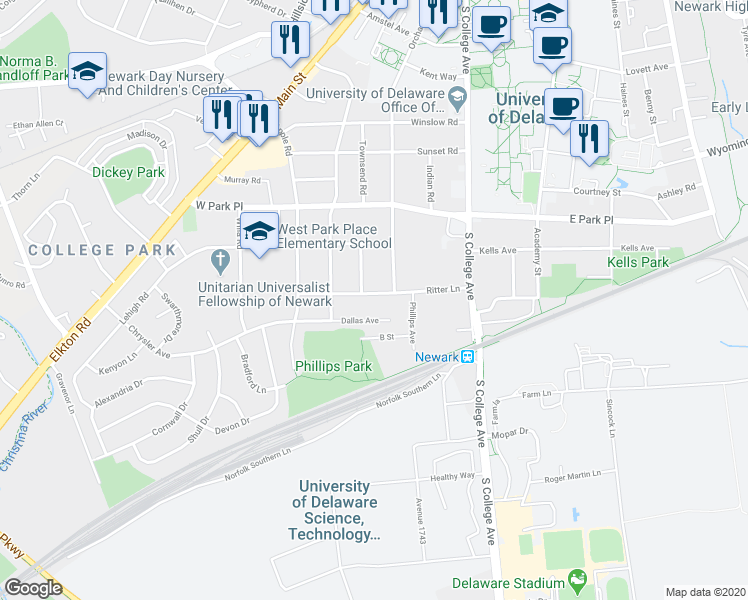 map of restaurants, bars, coffee shops, grocery stores, and more near 91 Ritter Lane in Newark