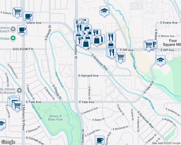 map of restaurants, bars, coffee shops, grocery stores, and more near 7505 East Harvard Avenue in Denver