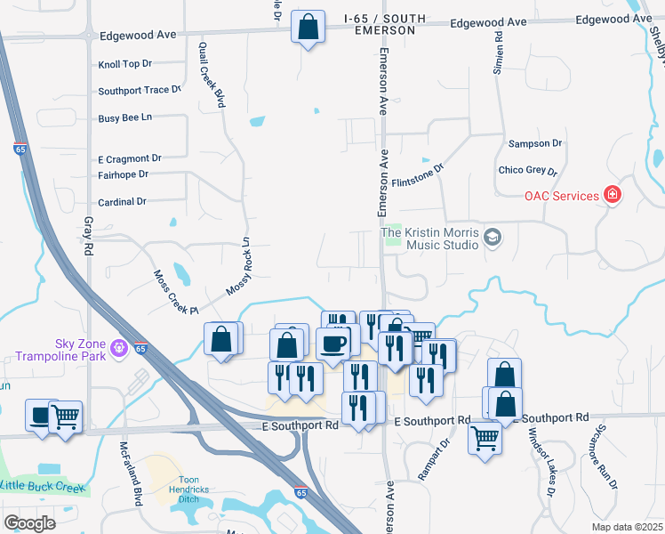 map of restaurants, bars, coffee shops, grocery stores, and more near 4830 Silver Creek Drive in Indianapolis