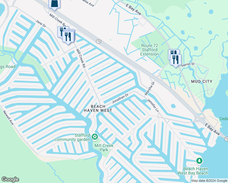 map of restaurants, bars, coffee shops, grocery stores, and more near 52 Gregg Drive in Stafford Township