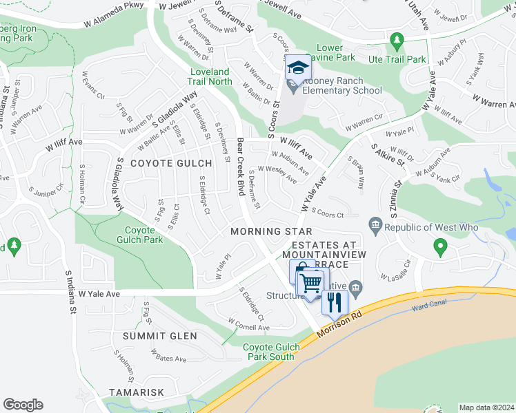map of restaurants, bars, coffee shops, grocery stores, and more near 2653 South Deframe Street in Lakewood