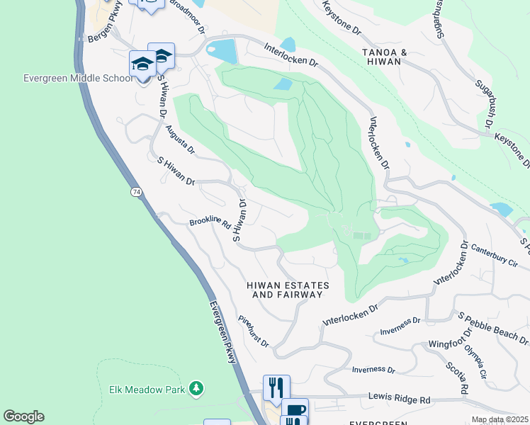 map of restaurants, bars, coffee shops, grocery stores, and more near 2357 Hearth Drive in Evergreen