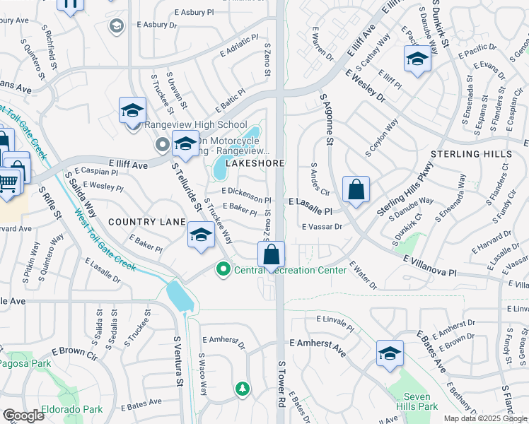 map of restaurants, bars, coffee shops, grocery stores, and more near 18398 East Dickenson Place in Aurora