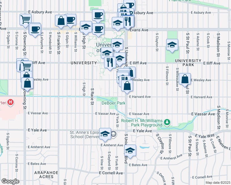 map of restaurants, bars, coffee shops, grocery stores, and more near 2455 South York Street in Denver