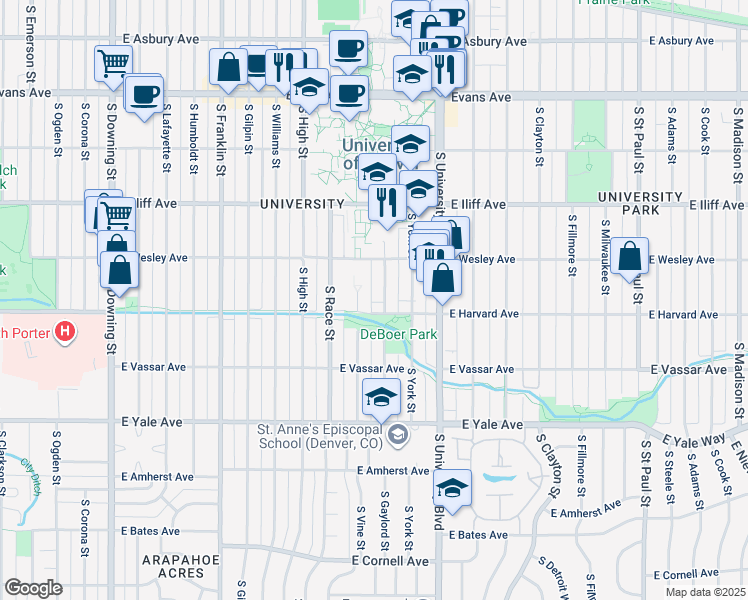 map of restaurants, bars, coffee shops, grocery stores, and more near 2450 South Vine Street in Denver