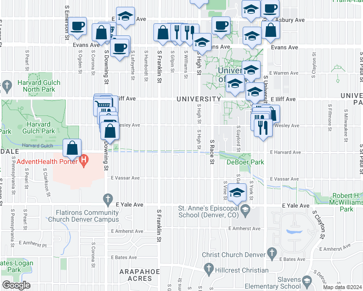 map of restaurants, bars, coffee shops, grocery stores, and more near 2458 South Gilpin Street in Denver