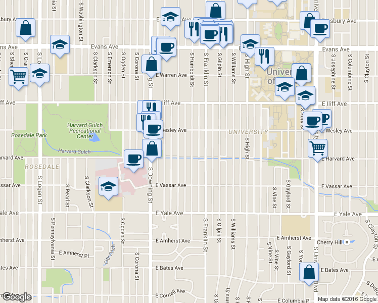 map of restaurants, bars, coffee shops, grocery stores, and more near 2459 South Humboldt Street in Denver
