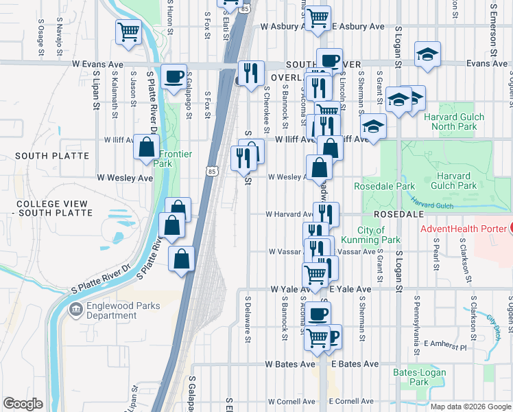 map of restaurants, bars, coffee shops, grocery stores, and more near 2495 South Delaware Street in Denver