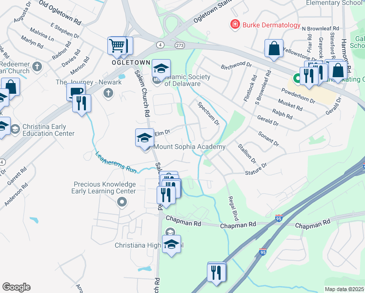 map of restaurants, bars, coffee shops, grocery stores, and more near 1301 Coventry Lane in Newark