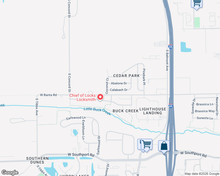 map of restaurants, bars, coffee shops, grocery stores, and more near 2627 Abalone Drive in Indianapolis
