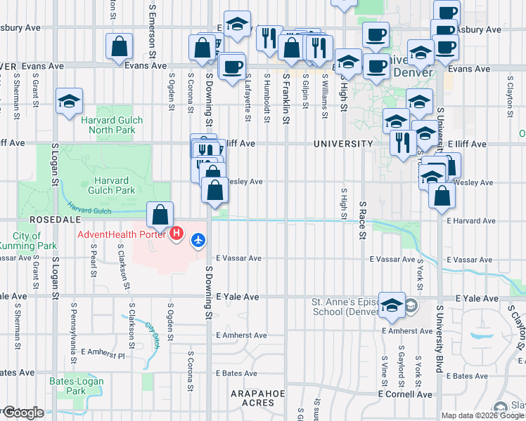 map of restaurants, bars, coffee shops, grocery stores, and more near 2455 South Humboldt Street in Denver
