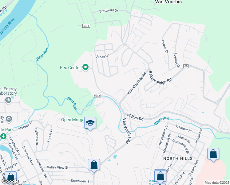 map of restaurants, bars, coffee shops, grocery stores, and more near 3004 Church Hill Drive in Morgantown