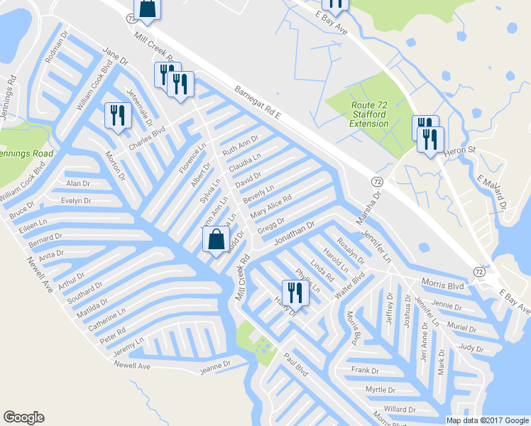 map of restaurants, bars, coffee shops, grocery stores, and more near 27 Mary Alice Road in Stafford Township