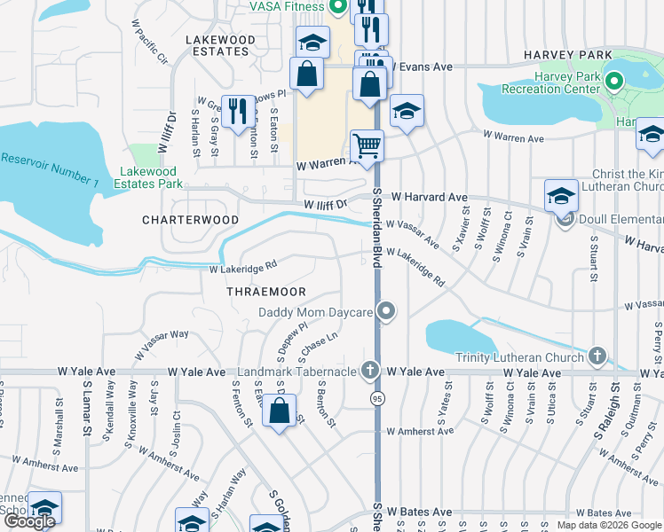 map of restaurants, bars, coffee shops, grocery stores, and more near 2501 South Chase Lane in Lakewood