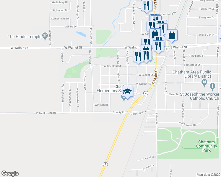 map of restaurants, bars, coffee shops, grocery stores, and more near 352 South Pine Street in Chatham