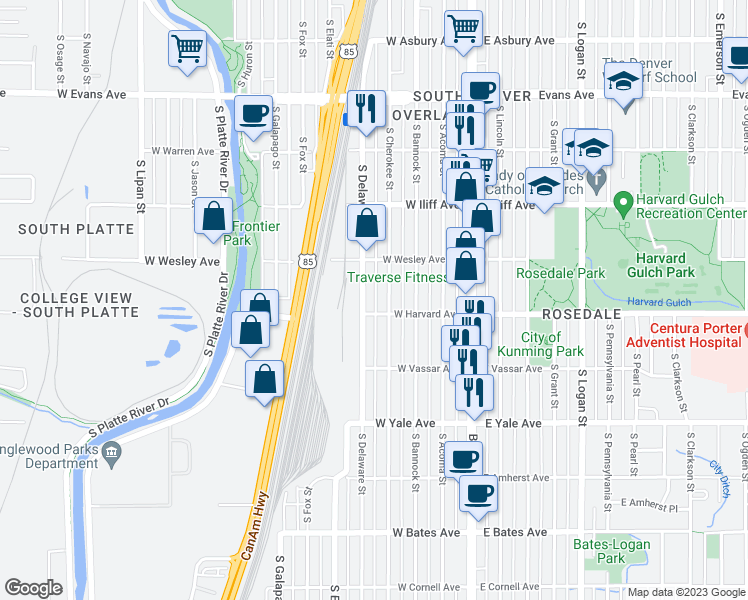 map of restaurants, bars, coffee shops, grocery stores, and more near 2495 South Delaware Street in Denver