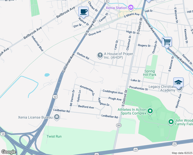 map of restaurants, bars, coffee shops, grocery stores, and more near 270 Mount Vernon Drive in Xenia