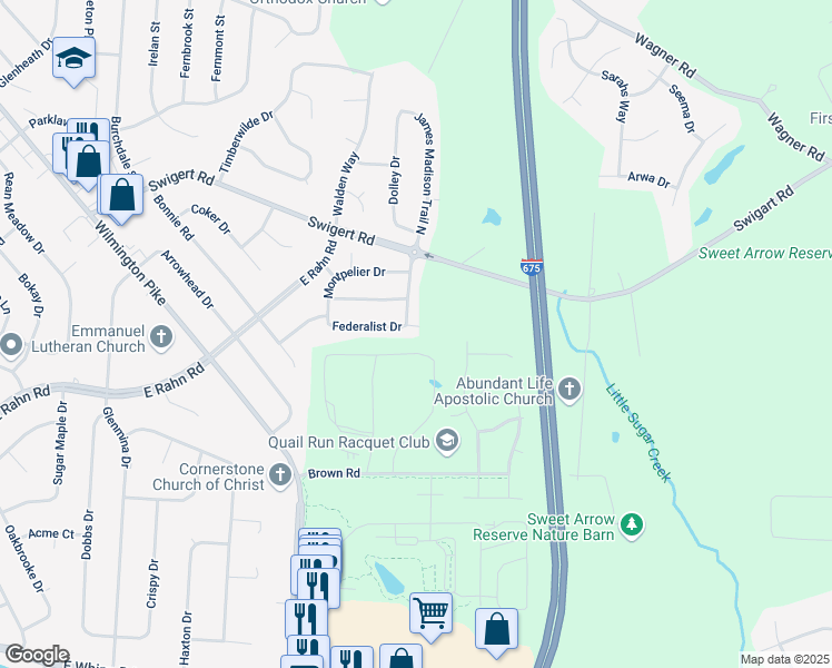 map of restaurants, bars, coffee shops, grocery stores, and more near 3355 Federalist Drive in Dayton