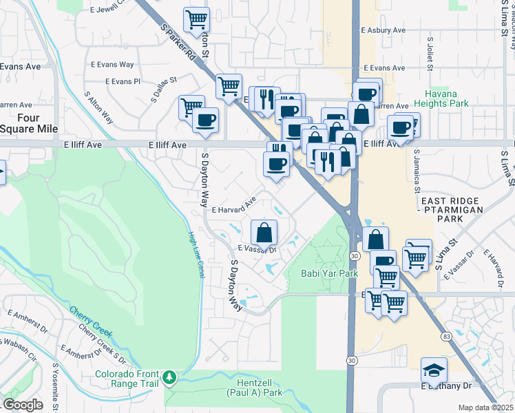 map of restaurants, bars, coffee shops, grocery stores, and more near 9725 East Harvard Avenue in Denver