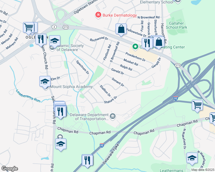 map of restaurants, bars, coffee shops, grocery stores, and more near 7 Spinet Road in Newark